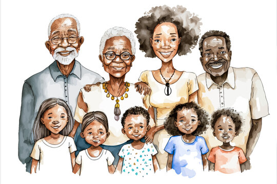 Vector image illustrating a large African family with its members of different generations together, ideal for supporting speeches on the family bond.