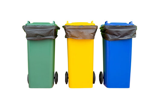 Group of colorful recycle bins, Colored bins for collection of recycled materials.Garbage bins with garbage bags