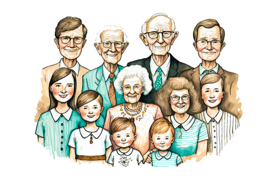 Portrait image of a reunited Mormon family, representing all generations. Illustrative vector to create an emotional connection.