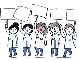 Group of protesters and nurses demonstrating with signs for a political reform or important cause. Vector illustration for emotional and creative use.