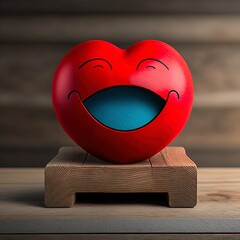 A cute and smiling toy heart on a wooden table. 