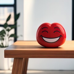 A cute and smiling toy heart on a wooden table. 