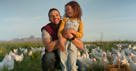 Man with girl, happy chicken farmer and organic livestock sustainability farming planning for...