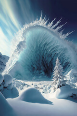 Illustration of a winter landscape, heavy snow transforming frozen trees and rocks into surreal landscape. Generative AI - obrazy, fototapety, plakaty