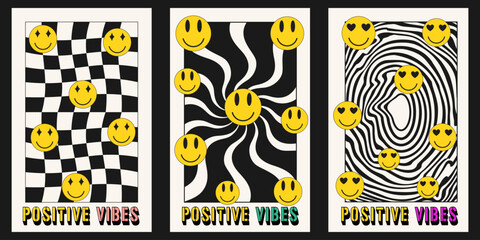 Vector set of hipie posters with cartoon faces. Placard with funny smile faces in trendy 90s style.