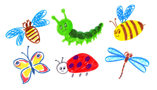 Felt pen childlike drawing illustration set of cute insects characters