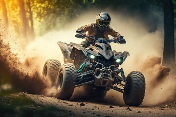 Extreme quad cross MX Rider riding on dirt track ,forest one the background, Generative ai - obrazy, fototapety, plakaty