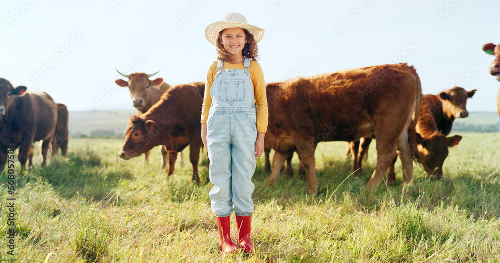 Sticker Happy, girl and farm, cow and sustainability in agriculture with a smile for growth, freedom and portrait. Countryside child, smile or kid in a field of grass, cattle and ecology livestock animals