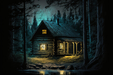 Isolated log cabin in the deep forest at night - created with Generative AI - obrazy, fototapety, plakaty