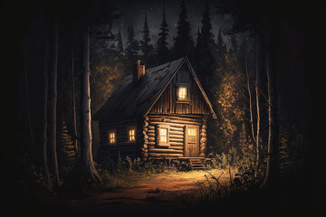 Little cabin in the dark woods at night. Halloween art