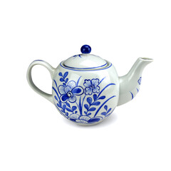 Porcelain teapot with lid on white background.