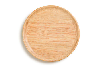 Round wooden plate top view isolated on white background