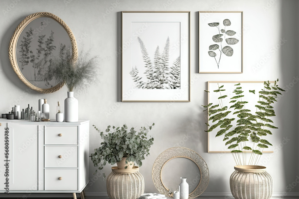 Sticker elegant scandinavian décor with mock up photo frames, design cabinets, chic accessories, and lovely 