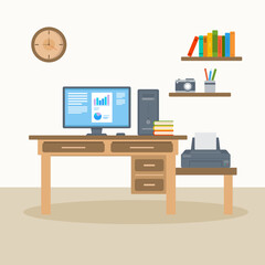 Vector illustration of work place, office desk, workspace flat design concept