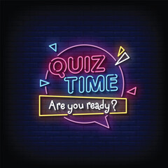 Neon Sign quiz time with brick wall background vector