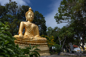 Gold painted sitting Buddha sculpture between trees in garden of Buddhist temple, Samui, Thailand