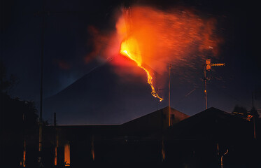 Mount Etna during eruption at night, Sicily