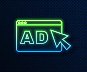 Glowing neon line Advertising icon isolated on blue background. Concept of marketing and promotion process. Responsive ads. Social media advertising. Vector