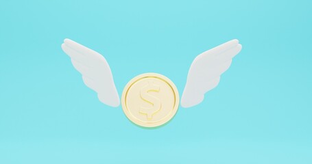 3d illustration of a stylized dollar sign coin with wings. The concept of quick earnings via the Internet, instant money transfers, cashless payments, crypto transfers, loss, fall, rise