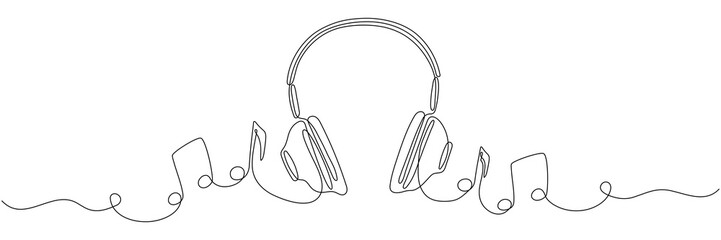 Headphones with music notes continuous one line drawing. Vector isolated on white.