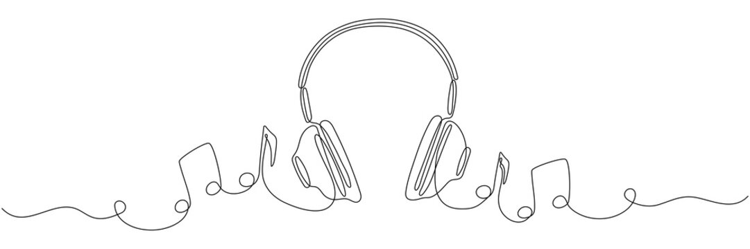 Headphones with music notes continuous one line drawing. Vector isolated on white.