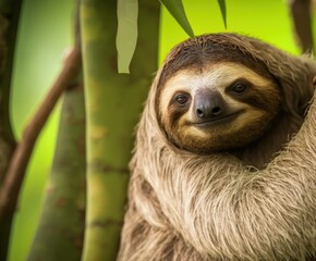 Naklejka premium The three toed sloth species known as the brown throated sloth (Bradypus variegatus) is found in Central and South America's Neotropical region. Generative AI