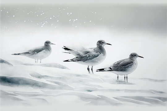 snow morning fog birds Generative AI