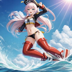 cheerful, mischievous pirate girl, in a hat, posing on a sup-board and windsurfing, dynamic pose, art, cartoon, generated in AI
