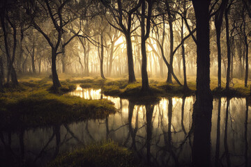 moody swamp with water, trees, and moss - obrazy, fototapety, plakaty