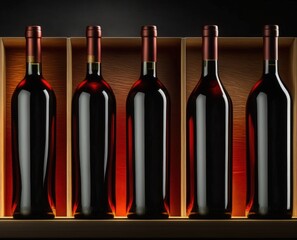 Red wine bottles on a wooden shelf, black background for a panoramic banner. Generative AI