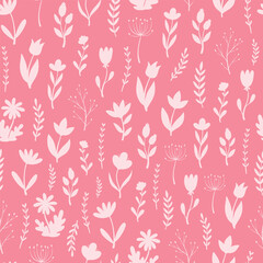 floral seamless pattern with flowers' silhouettes on pink backgrounds for wallpaper, scrapbooking, stationary, textile prints, wrapping paper, packaging, etc. EPS 10