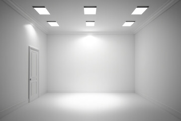 White room with panel bulbs providing ceiling lighting. Generative AI
