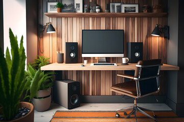 Interior of home office with wooden office desk with laptop near big window. Light, bright and stylish room for work at home. Workplace in scandinavian style. Stay home.