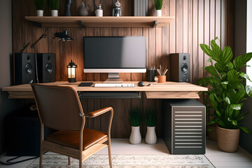 Comfortable workplace with computer near wooden wall in stylish room interior. Home office design.