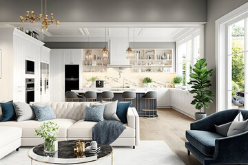 Luxurious interior design living room and white kitchen. Open plan interior. - obrazy, fototapety, plakaty