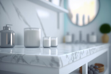 Fototapeta na wymiar Table Top And Background Bathroom Blur. Generative AI
