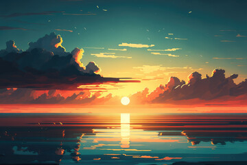 Over calm water, the horizon's clouds are lit up as the sun sets. Generative AI