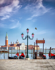 Venice Port near St Mark's Square, with gondolas and pigeon flying