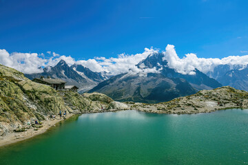 Naklejka na ściany i meble The scenic view of Lac Blanc. Lac Blancs in Chamonix France, One of the most popular destinations for hikers in Chamonix.