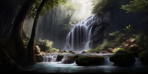 Wallpaper of a wonderful waterfall inside deep jungle with giant trees and rocks. Relaxing poster created with AI.