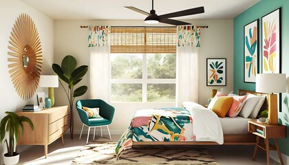 Mid-Century Modern Bedroom with a Tropical Flair—Generative AI, Wood, Plants, Palms, Wallpaper