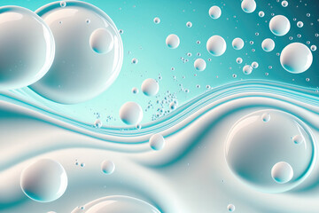 Surface texture of transparent, clear white water with bubbles, splashes, and ripples. Background of an abstract summer banner With copy space, sunlight and water waves emulsion micellar toner for cos