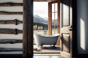 Rustic interior design with a white folding door opening on a wooden log cabin bathroom with a bathtub,. Generative AI