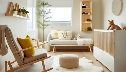 おしゃれで上品なベビー、北欧、ベッド、家具、ベッドルーム、おもちゃ、装飾、保育園のミニマルなデザイン generative ai