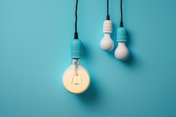 luminous hanging light bulbs one distinct notion on a light blue background, a flat lay, and a top. Generative AI
