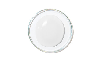 Petri dish. large drops of transparent gel or serum or water, on a white background, top view, isolated