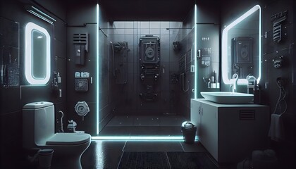 Primitive Cyberpunk Colors Using ai create, a black and grey Cyber Punk-themed shower room was created.