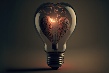 Red heart in light bulb , health care , creative idea concept. Valentine’s day. Generative AI illustrations.