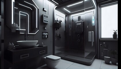 Primitive Cyberpunk Colors Using ai create, a black and grey Cyber Punk-themed shower room was created.