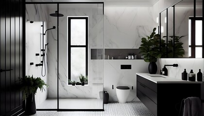 White and black: the chic and stylish bathroom's signature monochromatic palette, generative ai, clean, style, idea, trendy, white, interior